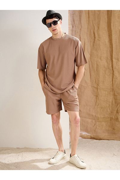 Mascln Sassafras By Styli Men Brown Waffle Textured Oversized T-Shirt and Shorts Co-Ords