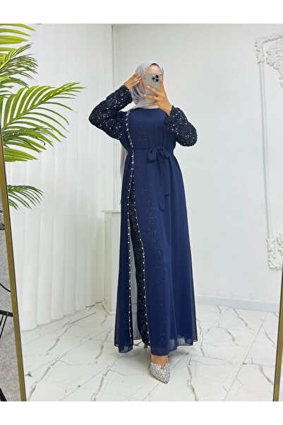 Modamorfo Chiffon Evening Dress with Sequin Belt on Sleeves -Laci