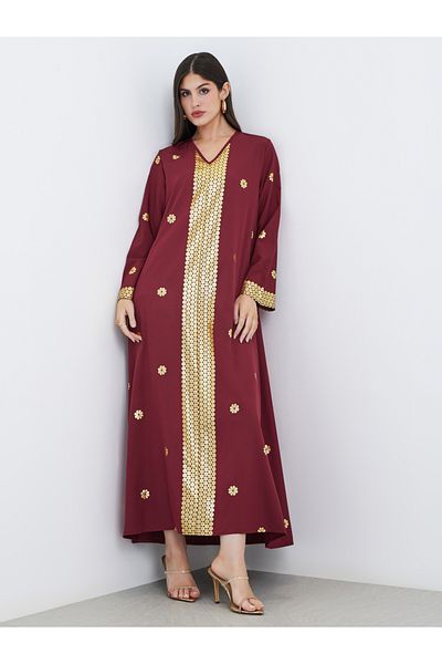 Styli Foil Placement Print V Neck Jalabiya