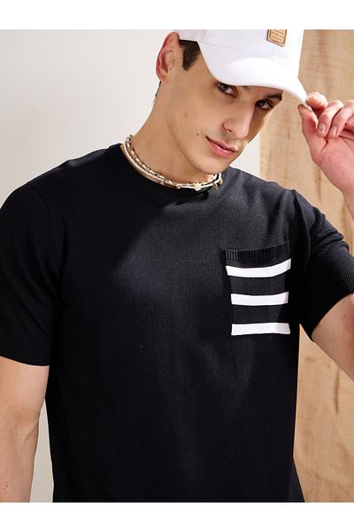 Mascln Sassafras By Styli Black Premium Knit Contrast Pocket T-Shirt