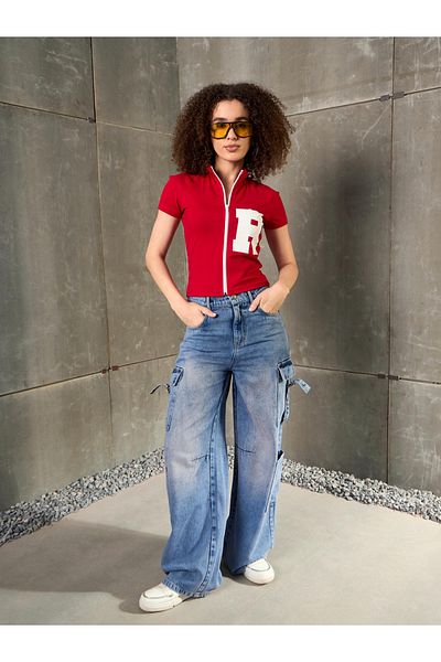 Sassafras By Styli Red Front Zipper Initial Print Fitted T-Shirt