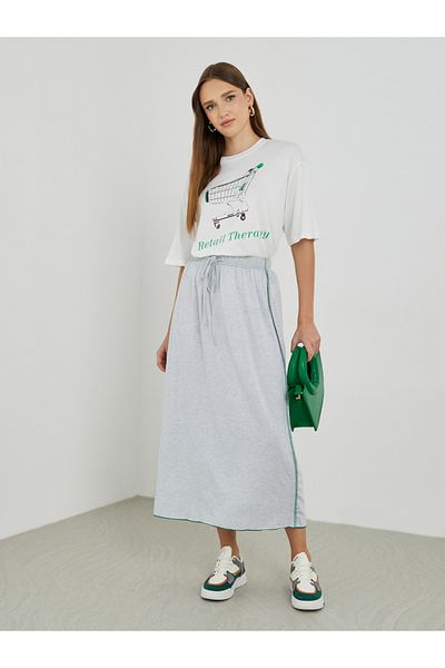 Styli Contrast Side Stitch Midi Skirt with Drawstring