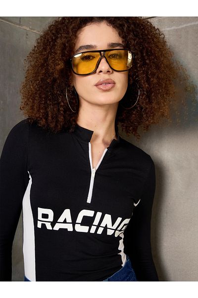 Sassafras By Styli Black Racing Print High Neck Fitted T-Shirt