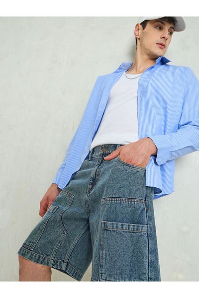 Mascln Sassafras By Styli Men Blue Washed Denim Relaxed Fit Carpenter Shorts