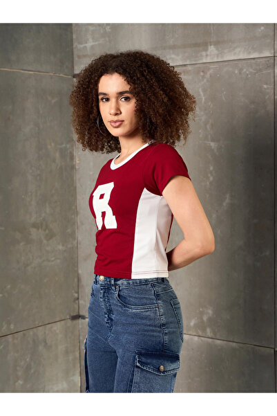 Sassafras By Styli Maroon Contrast Panel Initial Print Fitted T-Shirt