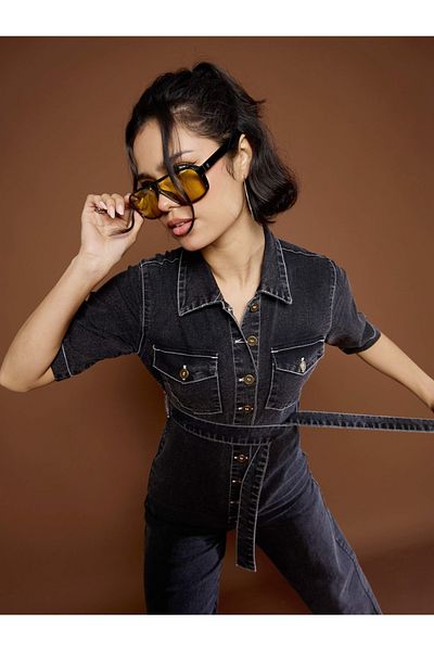 Sassafras By Styli Black Washed Denim Jumpsuit with Tie Belt