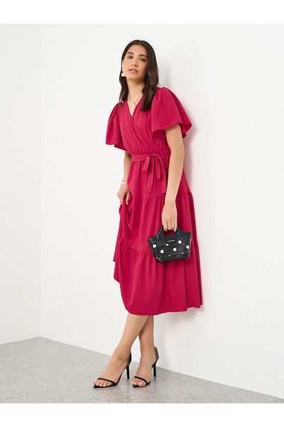 Styli Short Sleeve Bow Detail Tiered A-Line Midi Dress