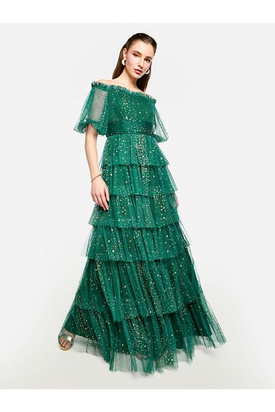 House of Moda By Styli Ruffle Detail Off Shoulder Tulle Maxi Dress