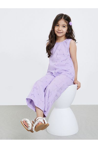 Styli Girls Lilac Schiffli Sleeveless Top and Pants Set