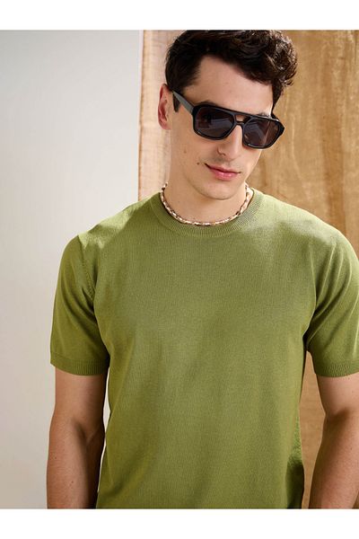 Mascln Sassafras By Styli Olive Premium Knit Round Neck T-Shirt
