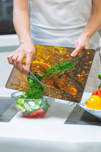 home dekors Glass Cutting Board Chopping Board Presentation Board Yellow Sparrow Dowry Gift 35X25 cm