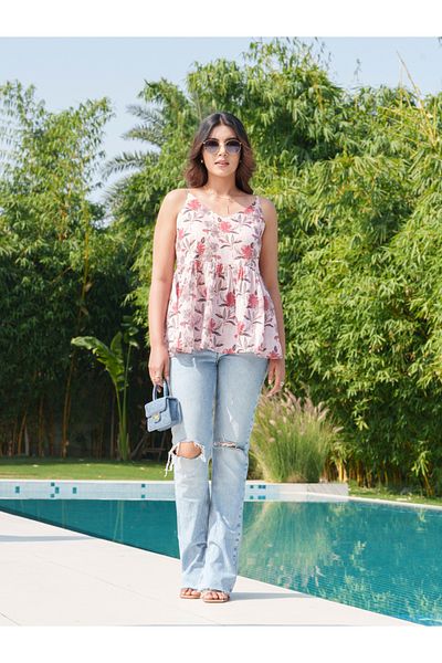 DW By Styli Floral Printed Pure Cotton Strappy Peplum Top