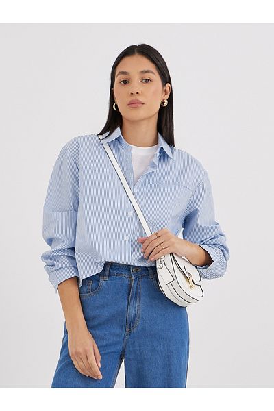 Styli Women Blue Striped High-Low Hem Shirt