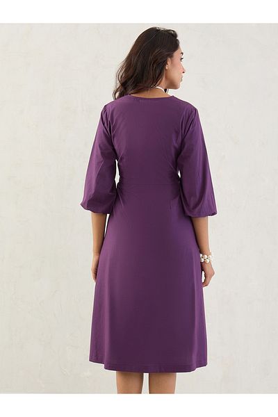 Styli Purple Solid Poplin V Neck A-Line Midi Dress