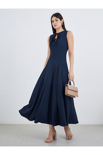 Styli Navy Blue Tie-Up Neck A-Line Maxi Dress