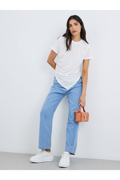 Styli Asymmetric Hem T-Shirt with Side Gathered Detail