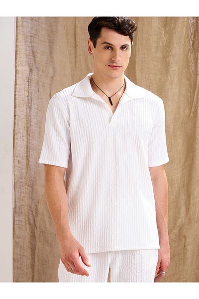 Mascln Sassafras By Styli White Textured Relaxed Fit Polo Neck T-Shirt