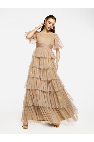 House of Moda By Styli Ruffle Detail Off Shoulder Tulle Maxi Dress