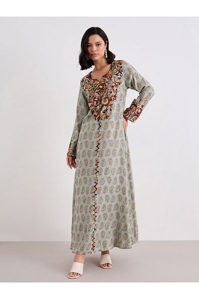 Styli Women Green Rayon Printed Jalabiya with Embroidery Detail