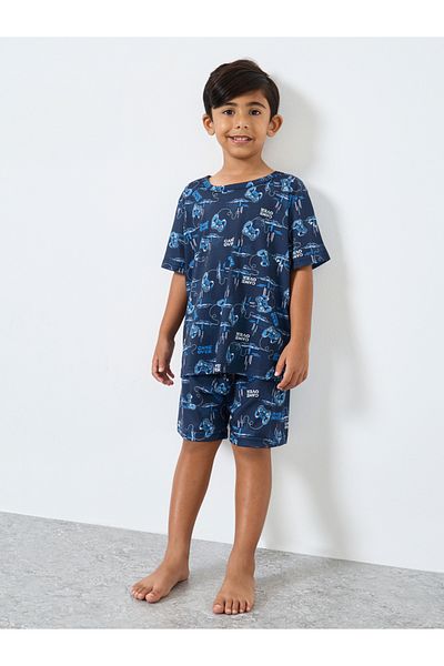 Styli Boys Blue All-Over Print T-Shirt, Shorts and Pyjama Set