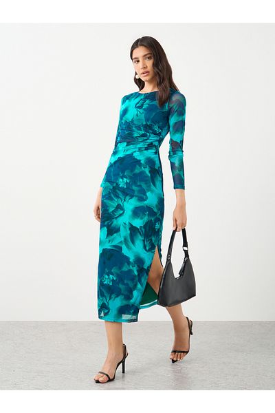 Styli Floral Print Bodycon Midi Dress with Side Slit