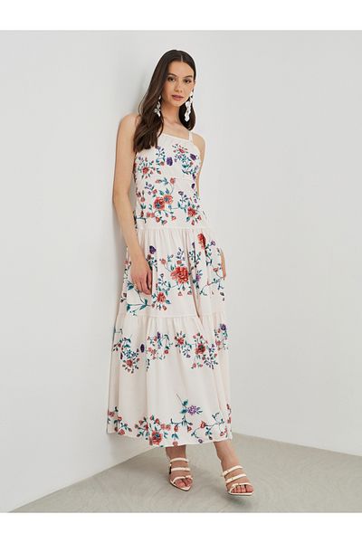 Styli Floral Print Sleeveless Tiered Midi Dress