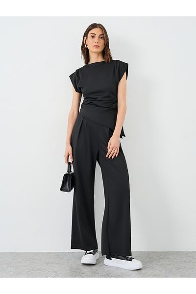 Styli Black Asymmetric Hem Top and Wide Leg Pants Co-Ords