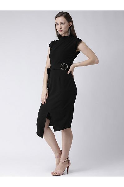 Kassually By Styli Women Black Solid Belted Asymmetric Hem Sheath Knee-Length Dress