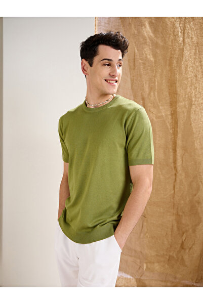 Mascln Sassafras By Styli Olive Premium Knit Round Neck T-Shirt