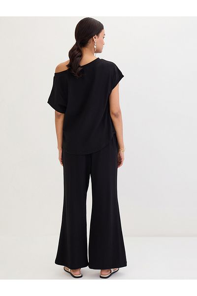 Femmella By Styli Cotton Knit Asymmetric Neck Top and Pants Co-Ords