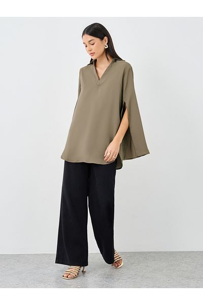 Styli Women Brown Slit Sleeve Oversized Shirt