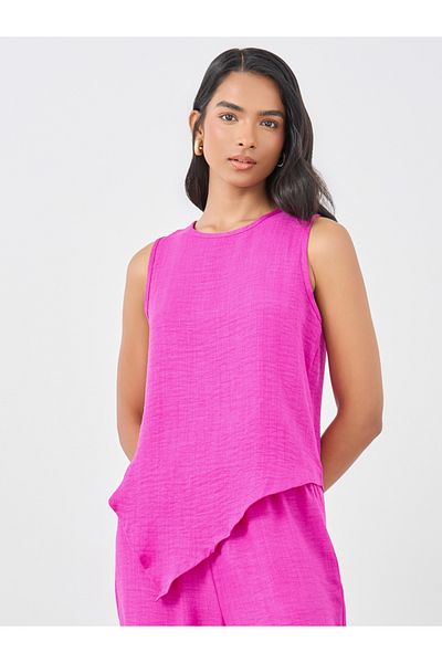 Styli Women Pink Solid Asymmetric Top and Wide Leg Pants Co-Ords