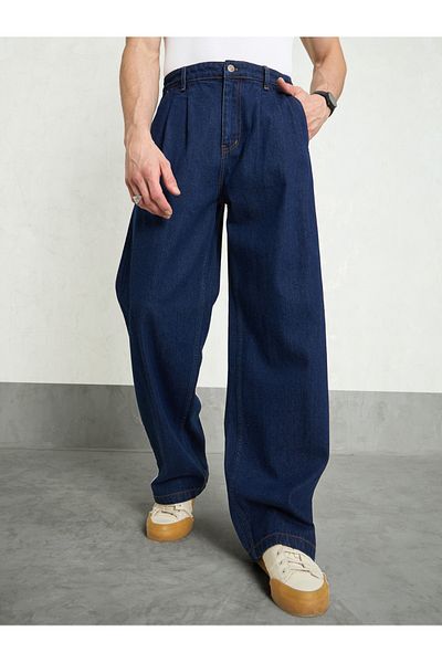 Mascln Sassafras By Styli Men Navy Blue Mid Rise Front Dart Wide Leg Jeans
