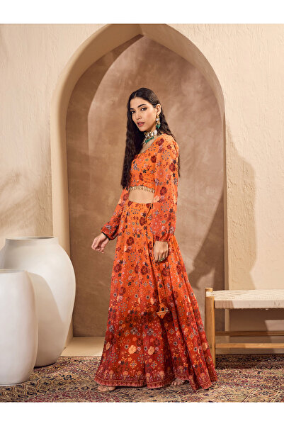 Sassafras By Styli Printed Long Sleeve Crop Top with Anarkali Skirt Co-Ords