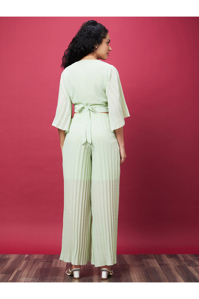 Globus By Styli Solid V-Neck Crop Top and Pleated Pants Co-Ords