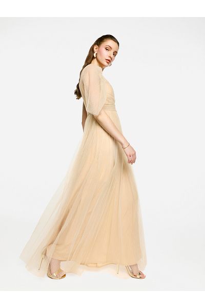 House of Moda By Styli Puff Sleeves Pleated Tulle Maxi Dress