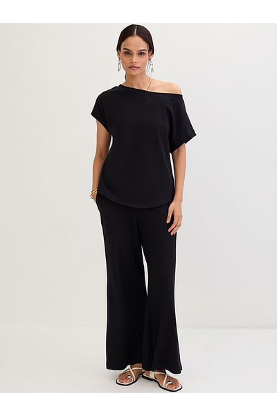 Femmella By Styli Cotton Knit Asymmetric Neck Top and Pants Co-Ords