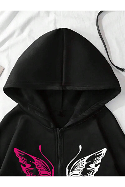 Framgan Unisex Kadın/Erkek Y2k Kelebek Baskılı Pamuklu Oversize Kapüşonlu Hırka