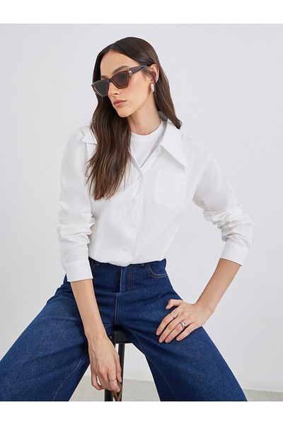 Styli Women White Plain Collared Shirt