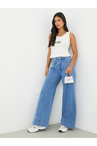 Styli Solid Wide Leg Jeans with Pintuck Detail