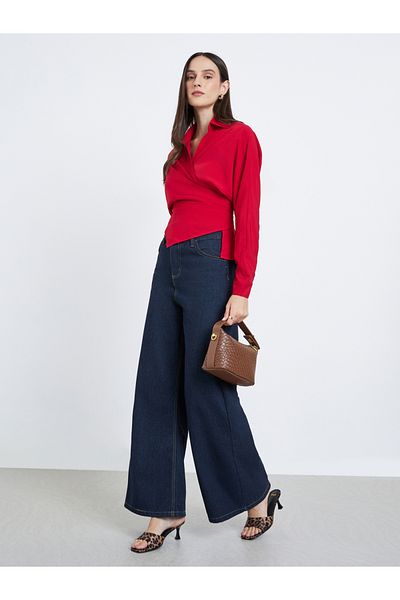 Styli Solid Collared Long Sleeve Wrap Top