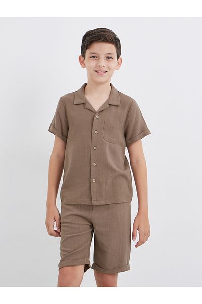 Styli Linen Look Plain Shirt and Shorts Set