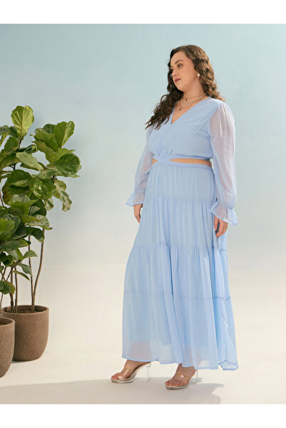 Sassafras By Styli Plus Blue Solid Waist Cut-Out Maxi Dress