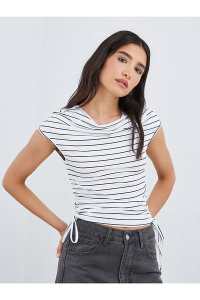 Styli Striped Cowl Neck T-Shirt with Side Ruched Detail