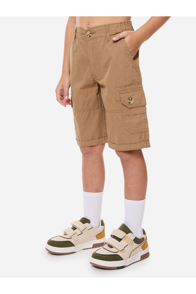 Victor and Jane By Styli Boys Brown Solid Cargo Shorts with Belt Loops