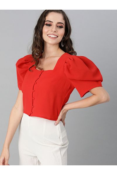 Kassually By Styli Women Red Solid Puff Sleeves Crop Top with Button Front
