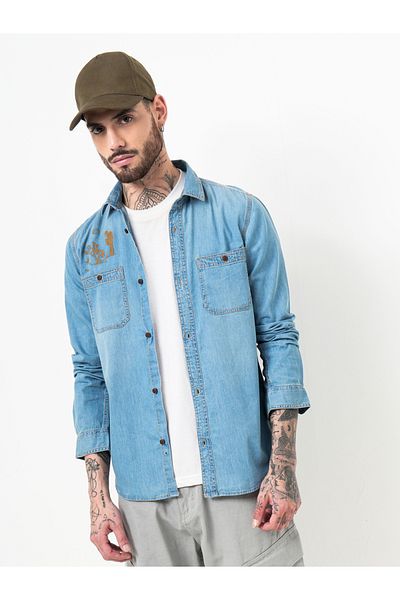 British Club By Styli Slogan Print Regular Fit Denim Shirt with Chest Pockets