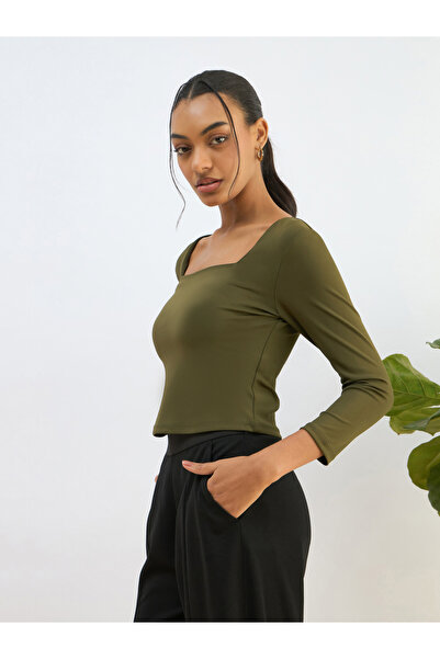 Sassafras By Styli Olive Square Neck Knitted Crop Top