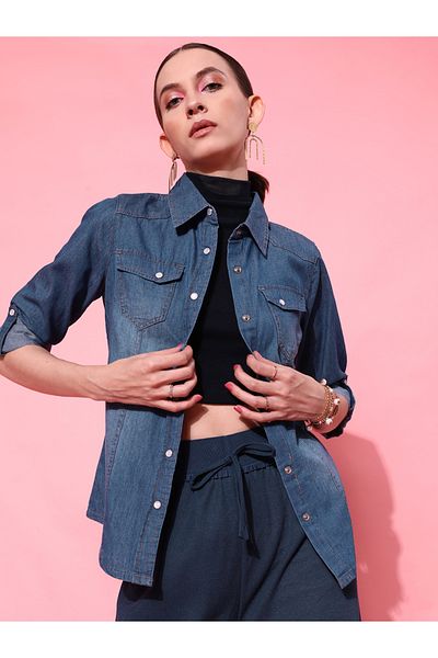 STREET 9 By Styli Women Blue Faded Denim Shirt