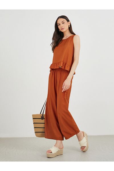Styli Sleeveless Ruffled Trim Top and Wide Leg Pants Co-Ords